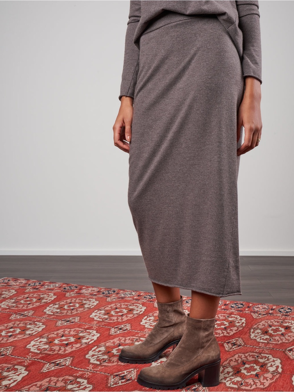 Labo Art - Wool Taupe Knit Coord Set Long Sleeve Sweater Top and Maxi Skirt - Picture 2 of 14